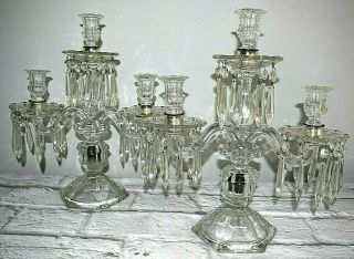 Vintage Heisey Old Williamsburg Crystal 3 Light Candelabra Pair Bobeches & Prism