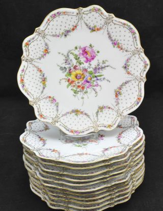 Antique Set Of 12 Hirsch Dresden Porcelain Scalloped Floral Dinner Plates C 1890