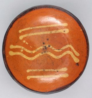 3 Antique 19thC Pennsylvania Primitive Slip Decorated Redware Pottery Plates,  NR 10