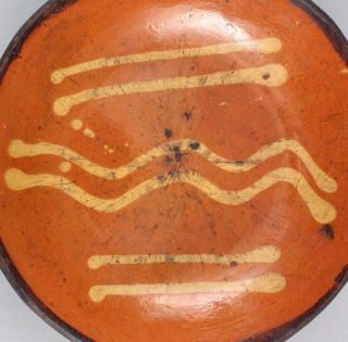 3 Antique 19thC Pennsylvania Primitive Slip Decorated Redware Pottery Plates,  NR 11