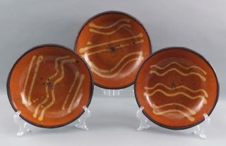 3 Antique 19thc Pennsylvania Primitive Slip Decorated Redware Pottery Plates,  Nr