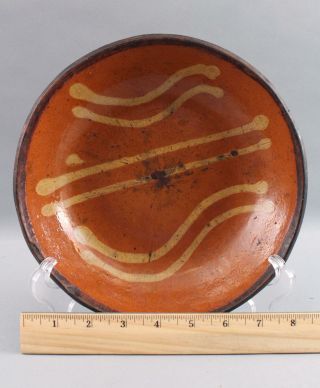 3 Antique 19thC Pennsylvania Primitive Slip Decorated Redware Pottery Plates,  NR 2