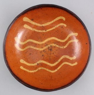 3 Antique 19thC Pennsylvania Primitive Slip Decorated Redware Pottery Plates,  NR 7