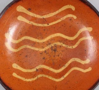 3 Antique 19thC Pennsylvania Primitive Slip Decorated Redware Pottery Plates,  NR 8