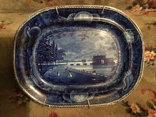 Historical Staffordshire Dark Blue Platter Castle Garden Battery York 1825