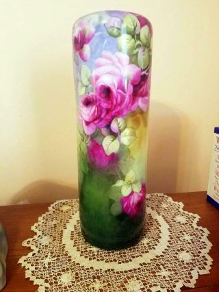 Large Limoges/austria Hand Painted Rose Vase,  Artist Signed