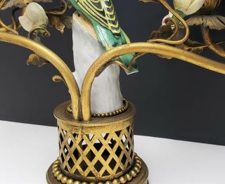 Antique French Gilt Bronze Candelabra Lamps w Parrot Porcelain Figurines Flowers 12