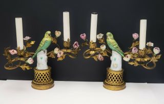 Antique French Gilt Bronze Candelabra Lamps W Parrot Porcelain Figurines Flowers