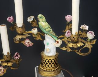 Antique French Gilt Bronze Candelabra Lamps w Parrot Porcelain Figurines Flowers 3
