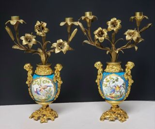 19th c Antique French Gilt Bronze & Sevres Porcelain Candelabras w Birds 2