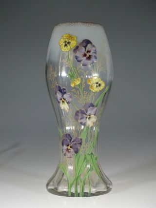 Vintage French Legras Art Glass Large 14 Inch Mont Joye Vase With Pansies C.  1910