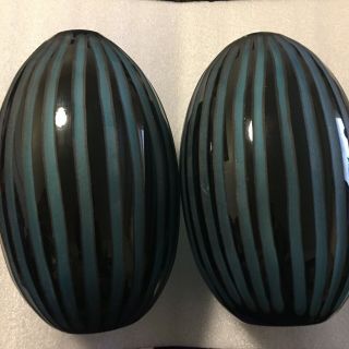 Murano Classic Ribbed Art Glass Vases (2) Vtg 10” H: Perfect Teal With Black