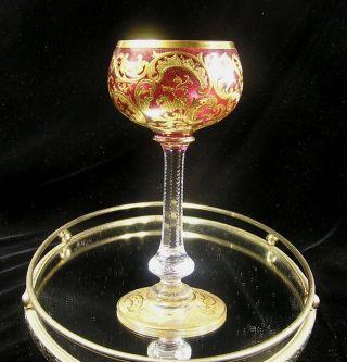 Moser - Tall Wine - Cranberry With Gold - Cut Stem