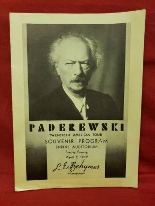 The Great Paderewski At The Shrine Auditorium L.  A.  Calif.  Souvenir Program 1939