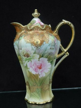 Stunning Antique H.  P.  Nippon Jeweled Chocolate Pot W/ Pink Roses & Raised Gilt
