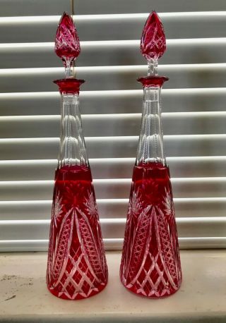 Antique Tall Pair Bohemian Crystal Glass Decanters Ruby Red To Clear