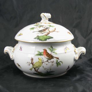 Herend Rothschild Bird Hand Painted Covered Serving Bowl Tureen 28/ro 11 " X 8 "