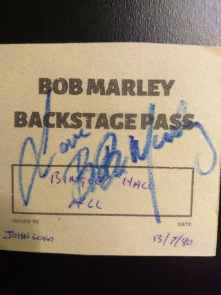 Signed Bob Marley Backstage Pass 1980 Signed With