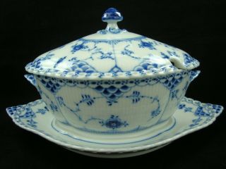 Royal Copenhageh Blue Fluted Full Lace Gravy Sauce Boat On Fixed Stand With Lid