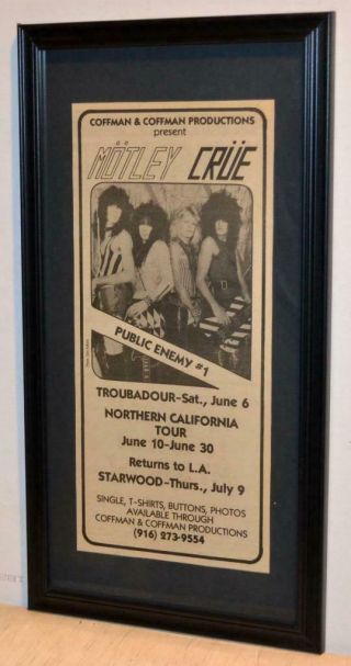 Motley Crue 1981 Rare 1st Tour 7th Ever Concert Coffman Framed Promo Ad