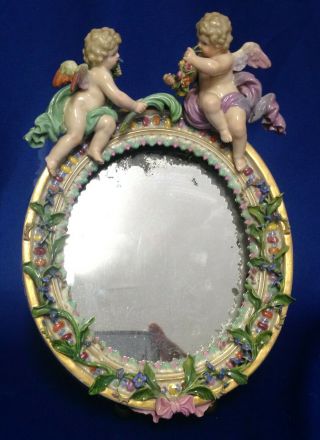 Meissen Porcelain Standing Mirror With Applied Flowers And Cherubs In Org Box