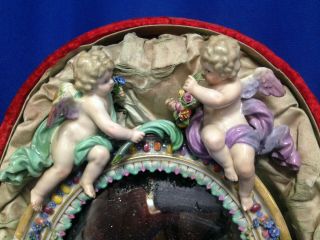 Meissen Porcelain Standing Mirror With Applied Flowers And Cherubs In Org Box 3