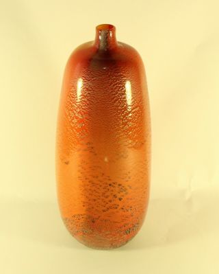 Ken Peterson Iridescent Midcentury Modern Orange Gold Art Glass Vase Signed