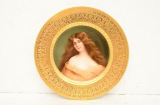 Atq Royal Vienna Hand Painted Portrait Plate Raised Gold Border Signed Wagner.