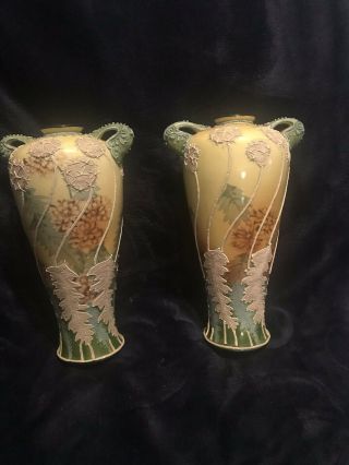 Nippon Morriage Maple Leaf 2 Matching 9” Vases,  Hand Painted Antique
