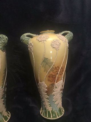 Nippon Morriage Maple Leaf 2 Matching 9” Vases,  Hand Painted Antique 3
