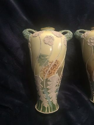 Nippon Morriage Maple Leaf 2 Matching 9” Vases,  Hand Painted Antique 4