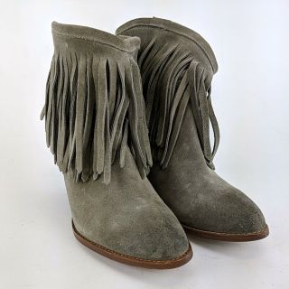 Miranda Lambert Frye Grey Leather Fringe Detail Stacked Heel Ankle Boot Size 8.  5