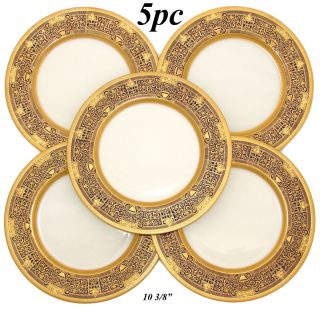 Set Of 5 Stunning Lenox Raised Gold Enamel & Cobalt 10 3/8 " Dinner Sized Plates