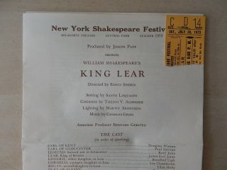 July 1973 - Delacorte Theatre Playbill W/ticket - King Lear - Paul Sorvino