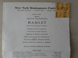 July 1975 - Delacorte Theatre Playbill W/ticket - Hamlet - Sam Waterson