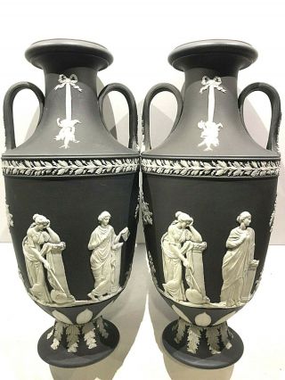 Pair 2 C.  1880 Wedgwood " Black " Jasperware 10  Trophy " Vase - Muses