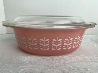 Vintage Pyrex 043 Pink Stems 1.  5 Quart Casserole Dish w/Lid 1 1/2 Qt RARE 3