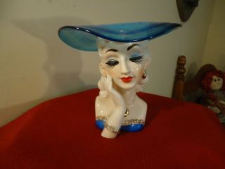 Rare Artmark Head Vase " Woman With Wide Rimmed Glass Hat " 5 3/4 ",  Exc.  Cond.