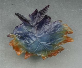 DAUM Crystal France Pate De Verre Large Butterfly Papillion Leaf Tray Bowl. 2
