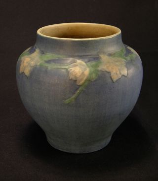 1927 Sadie Irvine Newcomb College Cabinet Vase,  Jonquil Relief Matte Blue 6 3/4 