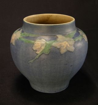 1927 Sadie Irvine Newcomb College Cabinet Vase,  Jonquil Relief Matte Blue 6 3/4 