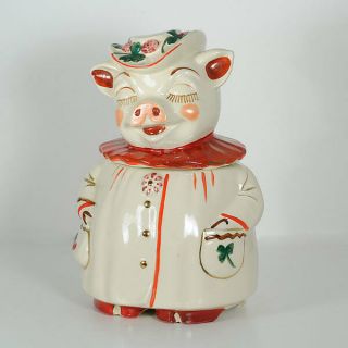 Swannie Pottery Co Winnie Pig Cookie Jar Vintage 1940s Maroon Collar Clover