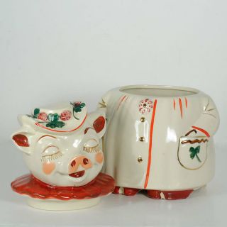 Swannie Pottery Co Winnie Pig Cookie Jar Vintage 1940s Maroon Collar Clover 2