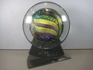 Rollin Karg Signed Dichroic Art Glass Disc With Stand Sculpture