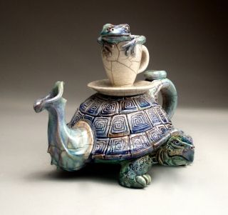 Turtle Frog Teapot folk art pottery sculpture by face jug maker Mitchell Grafton 10