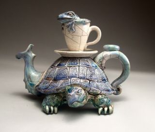 Turtle Frog Teapot folk art pottery sculpture by face jug maker Mitchell Grafton 11