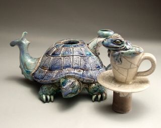 Turtle Frog Teapot folk art pottery sculpture by face jug maker Mitchell Grafton 12