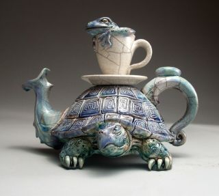 Turtle Frog Teapot folk art pottery sculpture by face jug maker Mitchell Grafton 2