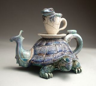Turtle Frog Teapot folk art pottery sculpture by face jug maker Mitchell Grafton 3