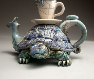 Turtle Frog Teapot folk art pottery sculpture by face jug maker Mitchell Grafton 4